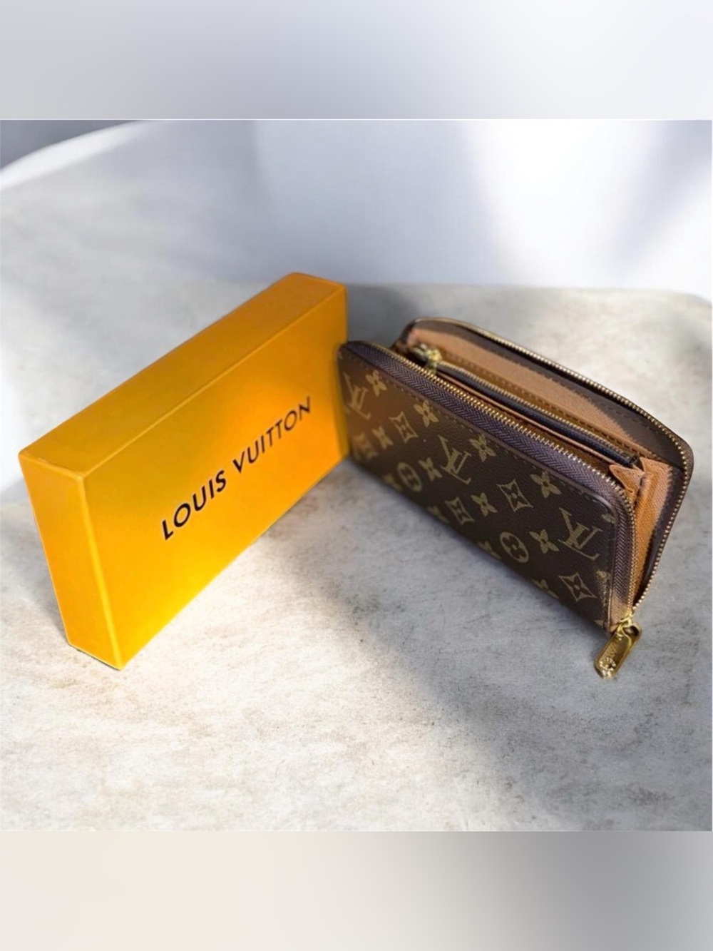 Louis Vuitton Brown Monogram Zip Wallet with Gold Hardware